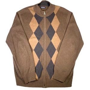 Consensus Mens Sweater Medium Argyle Brown Knit Soft 2 Zipper Full Zip W Pockets